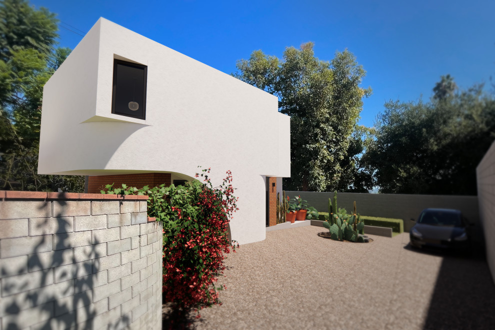 Mittelgroßes, Zweistöckiges Modernes Tiny House mit Putzfassade, weißer Fassadenfarbe und Flachdach in Los Angeles