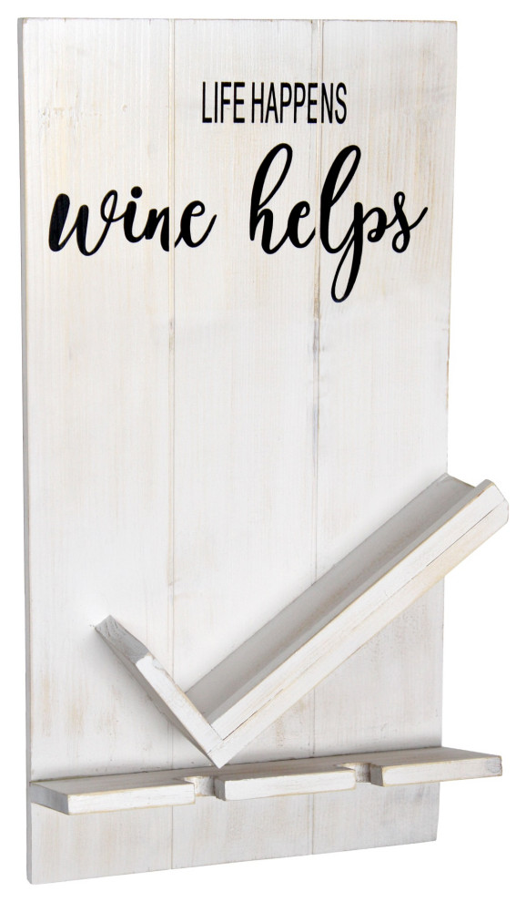 Wall Mounted Wooden Wine Bottle Shelf With Glass Holder, White Wash