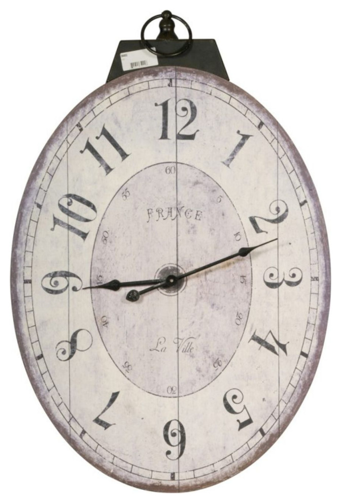 Distressed Oval Shape Wooden Wall Clock With Ring Hanger, White And