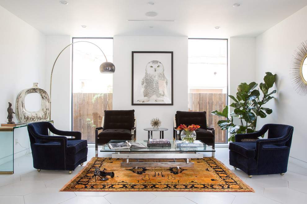 Mid-sized contemporary open concept living room in Los Angeles with white walls, no fireplace, white floor, porcelain floors and no tv.