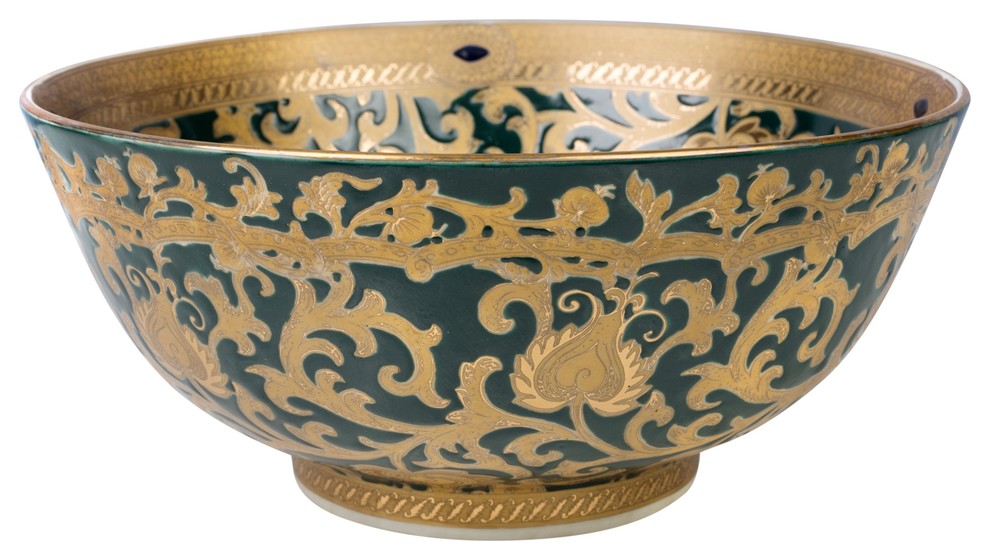 Green and Gold Tapestry Porcelain Bowl, 12" Diameter