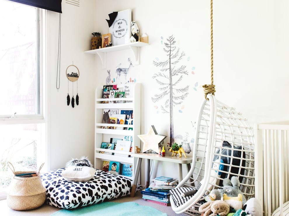 Design ideas for a scandinavian gender-neutral kids' playroom in Melbourne with white walls and carpet.