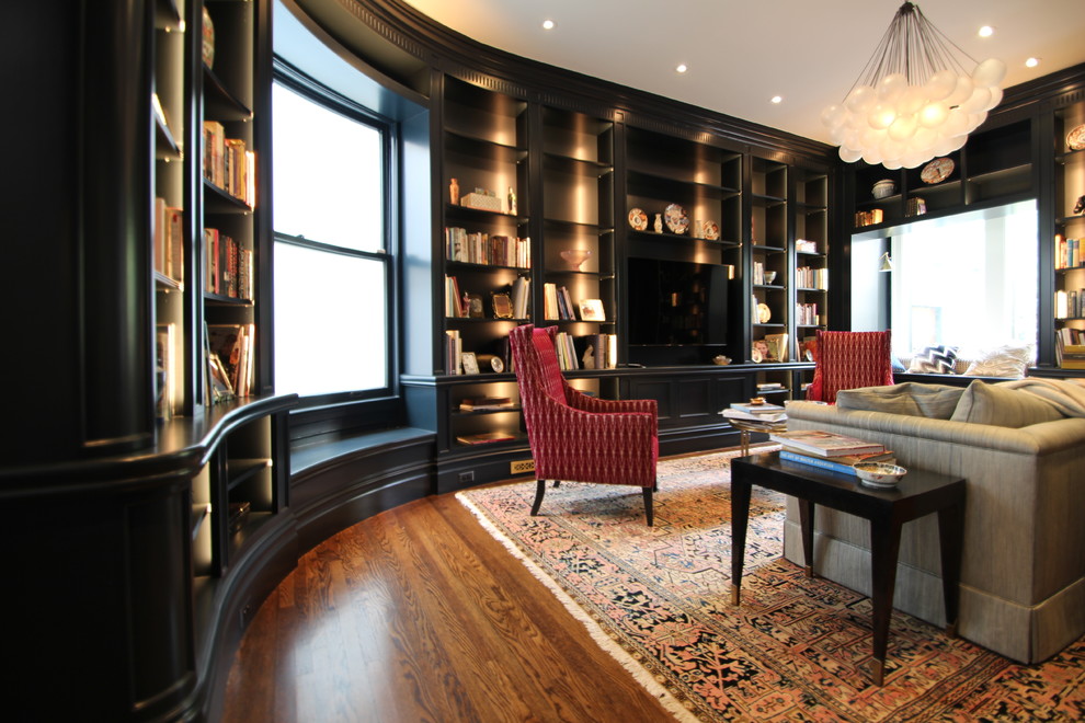 Inspiration for a large traditional family room in San Francisco with a built-in media wall.