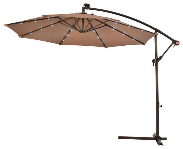 10' Hanging Solar LED Umbrella Patio Sun Shade Offset Market W/Base Beige