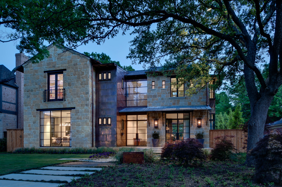 Design ideas for a contemporary exterior in Dallas with stone veneer.