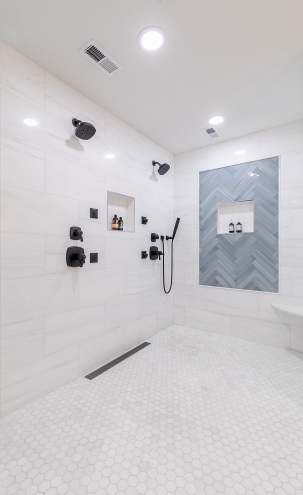 This is an example of a mid-sized contemporary master bathroom in DC Metro with beaded inset cabinets, black cabinets, a freestanding tub, a shower/bathtub combo, a one-piece toilet, white tile, white walls, wood-look tile, an undermount sink, grey floor, an open shower, white benchtops, an enclosed toilet, a double vanity and a built-in vanity.