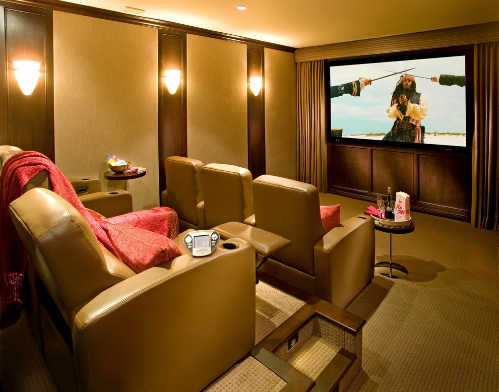 Inspiration for a mid-sized mediterranean enclosed home theatre in Los Angeles with beige walls, carpet, a projector screen and yellow floor.