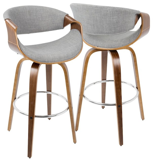Curvini Mid Century Modern Barstool Walnut Wood And Gray Fabric Set Of 2 Curvini Mid Century Modern Barstool Walnut Wood And Gray Fabric Set Of 2