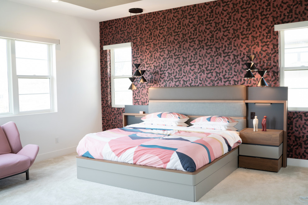 This is an example of a large modern master bedroom in Orange County with white walls, carpet, grey floors and wallpapered walls.