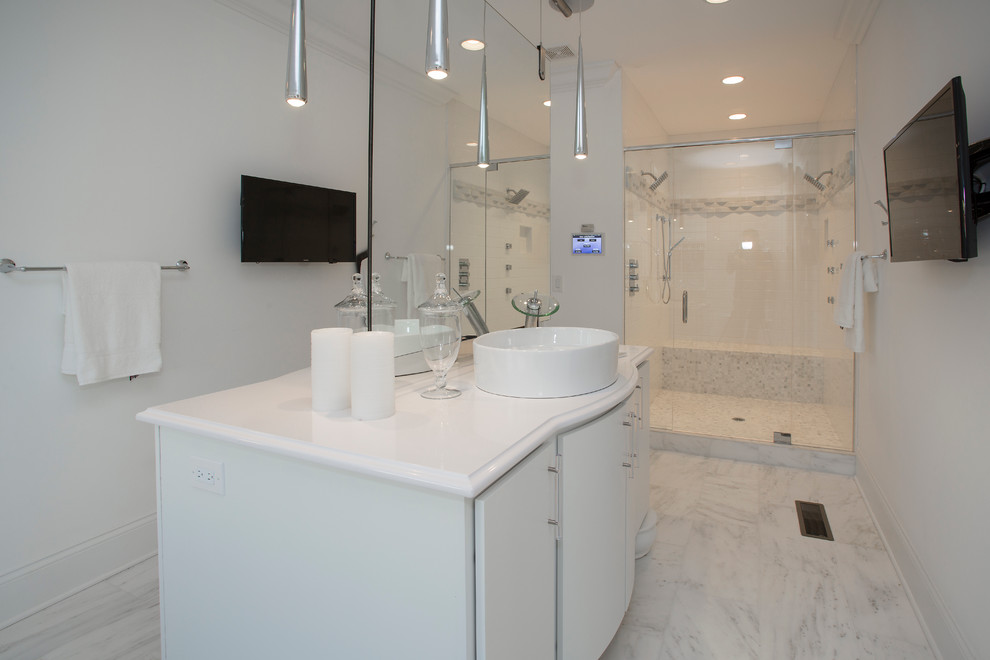 Photo of a large contemporary bathroom in Cincinnati with white cabinets, a freestanding tub, white tile, white walls, marble floors, a vessel sink and with a sauna.