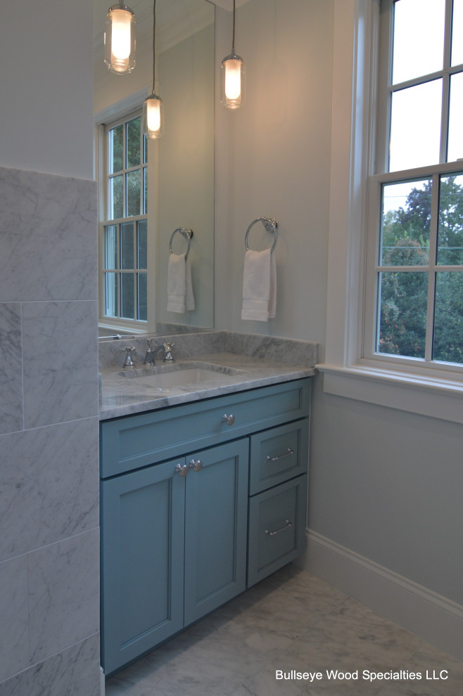 Design ideas for a large traditional ensuite bathroom in DC Metro with shaker cabinets, blue cabinets, engineered stone worktops, white worktops, double sinks and a built in vanity unit.
