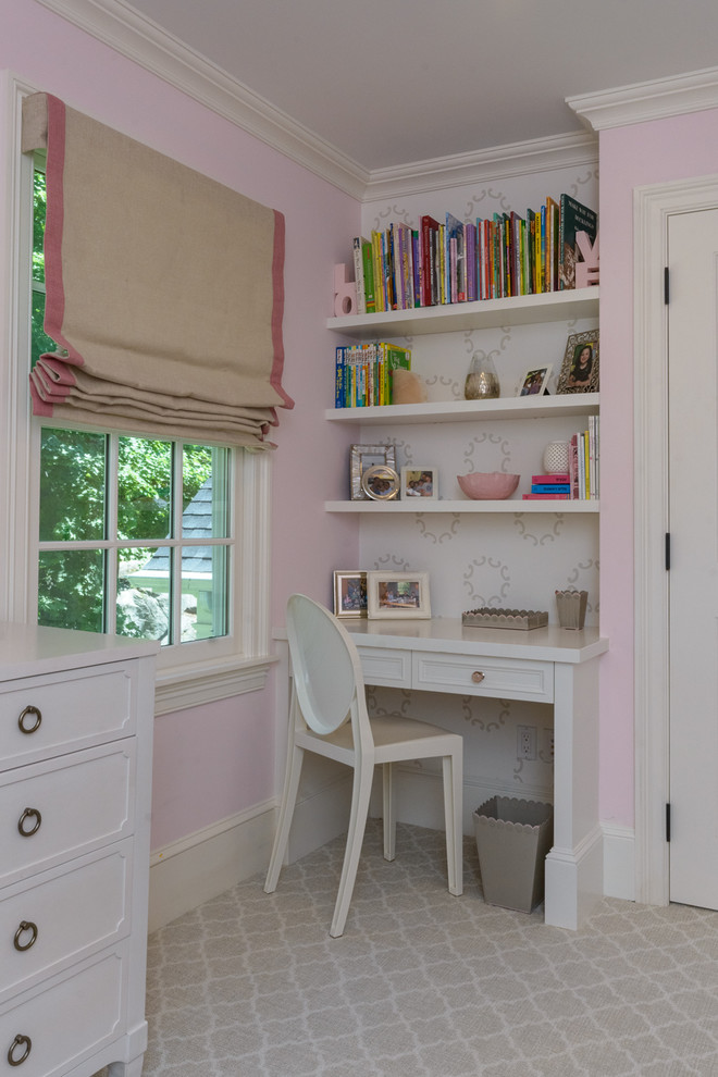 Inspiration for a mid-sized transitional kids' bedroom for kids 4-10 years old and girls in New York with pink walls and carpet.