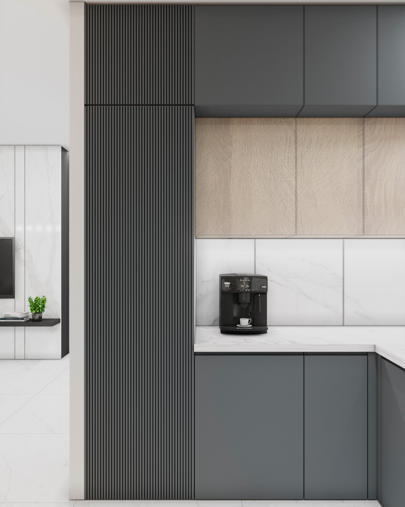 Kleine Moderne Küche in L-Form mit flächenbündigen Schrankfronten, grauen Schränken, Küchenrückwand in Weiß, Kücheninsel und weißer Arbeitsplatte in Berlin