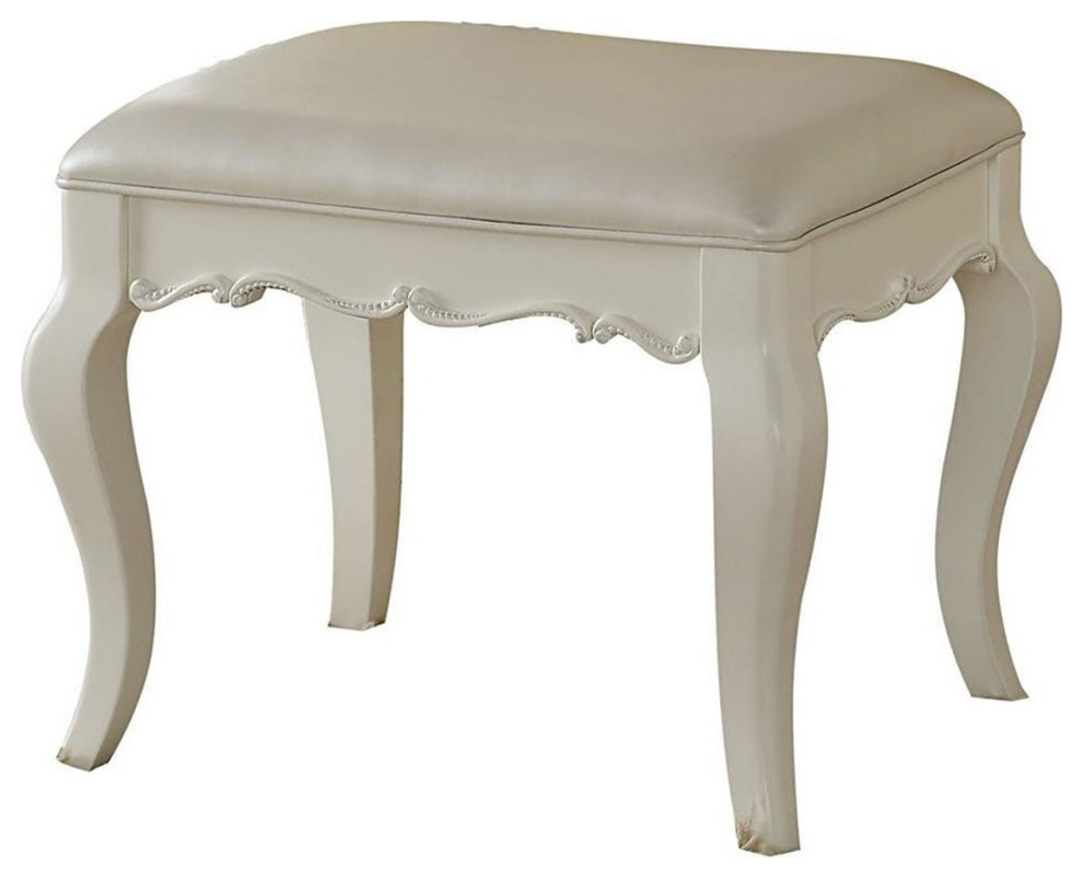 Vanity Stool with PU Leather Seat Cushion, Pearl White Traditional Vanity Stools And Benches