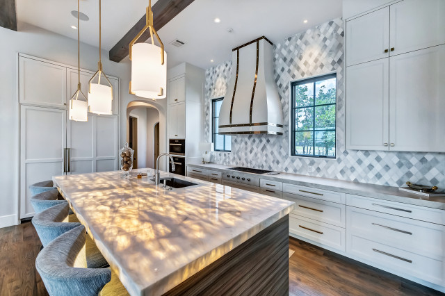 White transitional kitchen with backlit island mediterranean-kitchen