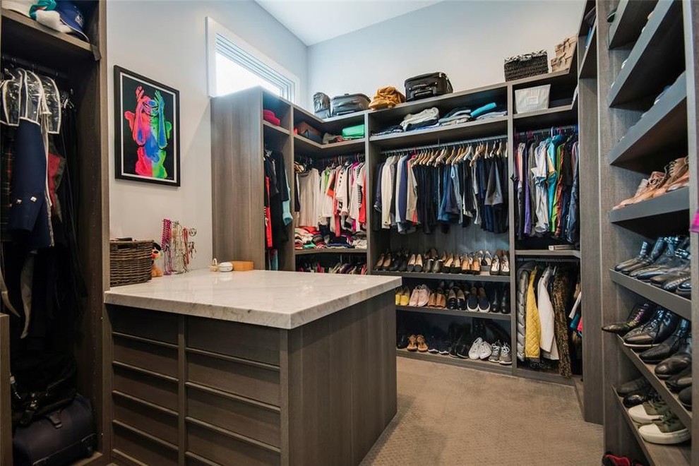 This is an example of a mid-sized contemporary gender-neutral walk-in wardrobe in Houston with open cabinets, dark wood cabinets and carpet.