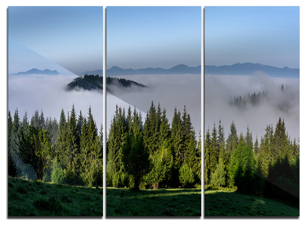 Designart Green Trees and Fog Over Mountains Metal Wall Art 32 H x 60 W x 1 D 5PD