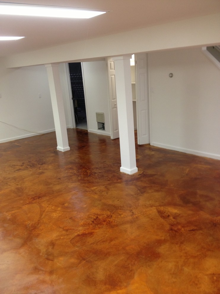 Inspiration for a traditional walk-out basement in Orange County with red walls, concrete floors and beige floor.