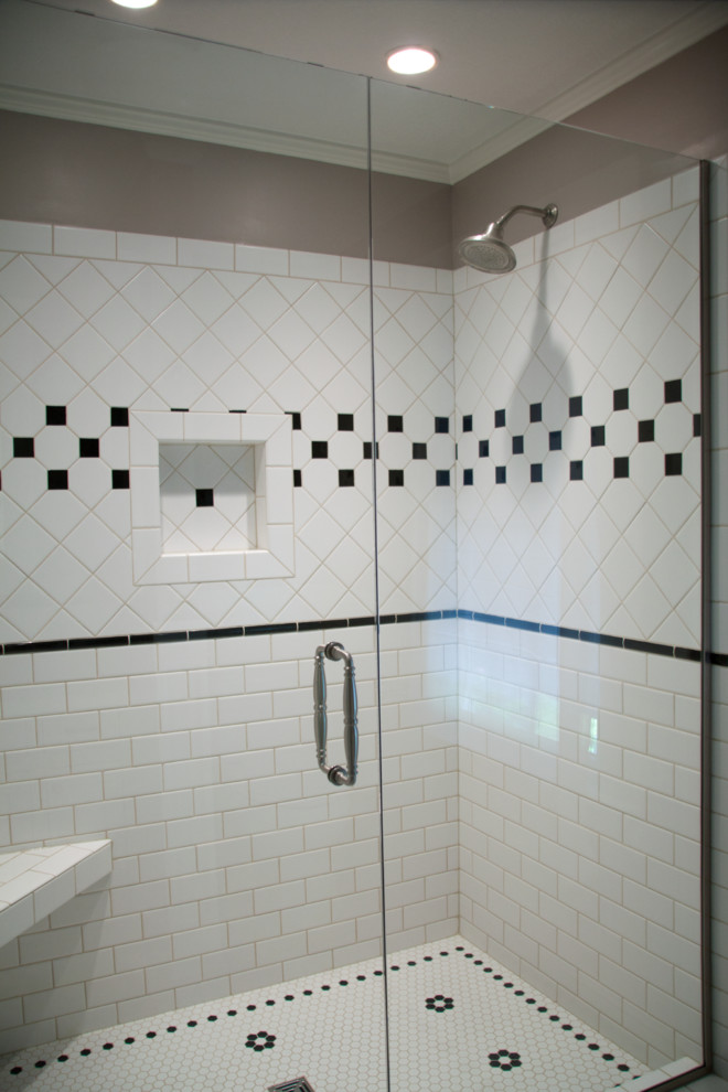 Inspiration for a medium sized classic shower room bathroom in Portland with a submerged sink, shaker cabinets, white cabinets, engineered stone worktops, an alcove shower, a two-piece toilet, white tiles, metro tiles, purple walls and ceramic flooring.