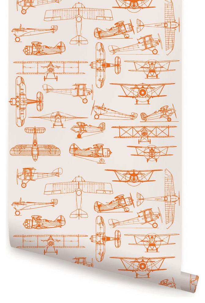 Airplanes Peel and Stick Vinyl Wallpaper, Orange Blossom, 24"w X 108"h