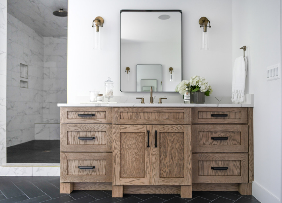 Inspiration for a mid-sized contemporary master marble floor and single-sink bathroom remodel in DC Metro with shaker cabinets, light wood cabinets, white walls, an undermount sink, granite countertops, white countertops and a freestanding vanity