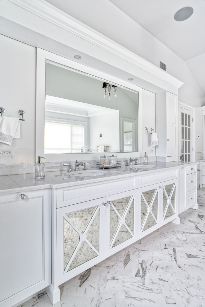 Design ideas for an expansive master bathroom in New York with shaker cabinets, white cabinets, a freestanding tub, quartzite benchtops, a double vanity and a freestanding vanity.