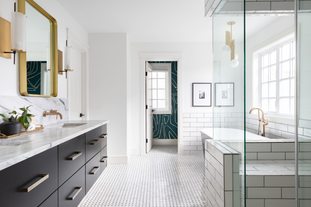 Photo of a transitional master bathroom in Calgary with flat-panel cabinets, black cabinets, a freestanding tub, a corner shower, white tile, subway tile, white walls, mosaic tile floors, an undermount sink, quartzite benchtops, white floor, grey benchtops, a double vanity, a built-in vanity and wallpaper.