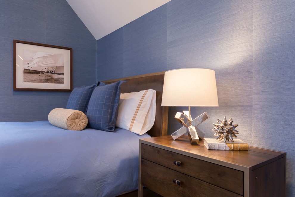 Inspiration for a mid-sized transitional bedroom in New York with blue walls and medium hardwood floors.