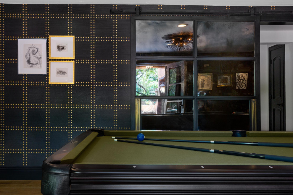 Mid-sized traditional home bar in San Francisco with black cabinets, soapstone benchtops, multi-coloured splashback, mirror splashback, light hardwood floors and multi-coloured benchtop.