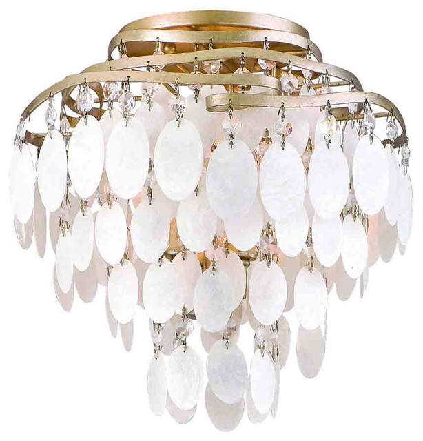 Dolce 3 Light Semi Flush Mount Champagne Leaf Finish Capiz Shell Crystal Shade