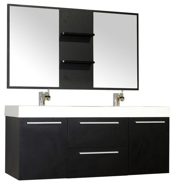 Greenville 54" Double Wall Mount Modern Bathroom Vanity, Black With