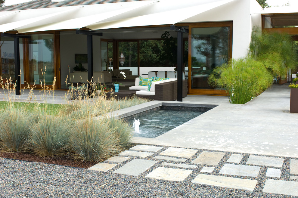 Design ideas for a modern garden in San Diego with a water feature.