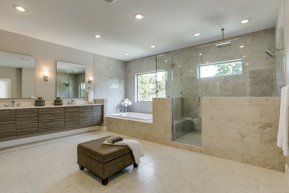Design ideas for a large arts and crafts master bathroom in Dallas with flat-panel cabinets, brown cabinets, a corner tub, a corner shower, a two-piece toilet, yellow tile, porcelain tile, beige walls, porcelain floors, an undermount sink, marble benchtops, beige floor, a hinged shower door, brown benchtops, an enclosed toilet, a double vanity and a floating vanity.