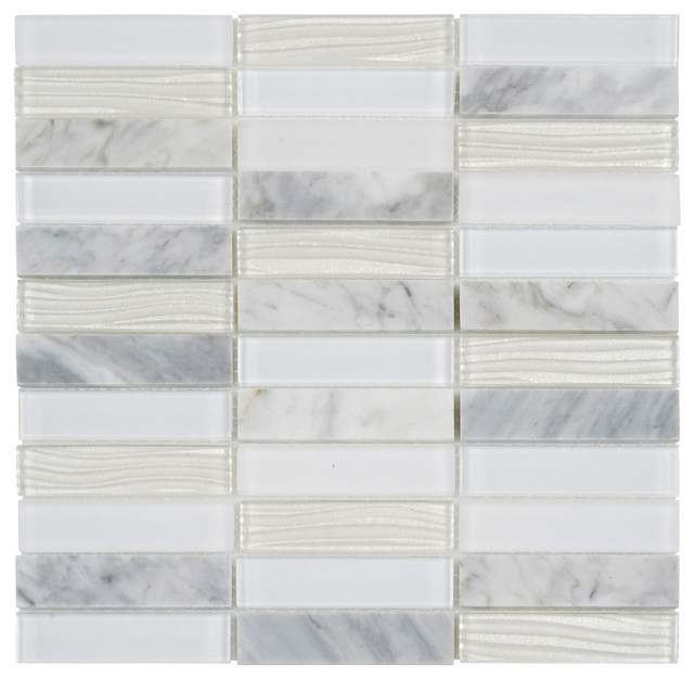 White Carrara Marble Mosaic Tile Wave Glass Wall Backsplash 12 X12