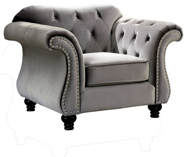 Chair With Flared Design Arms And Button Tufting, Gray Traditional