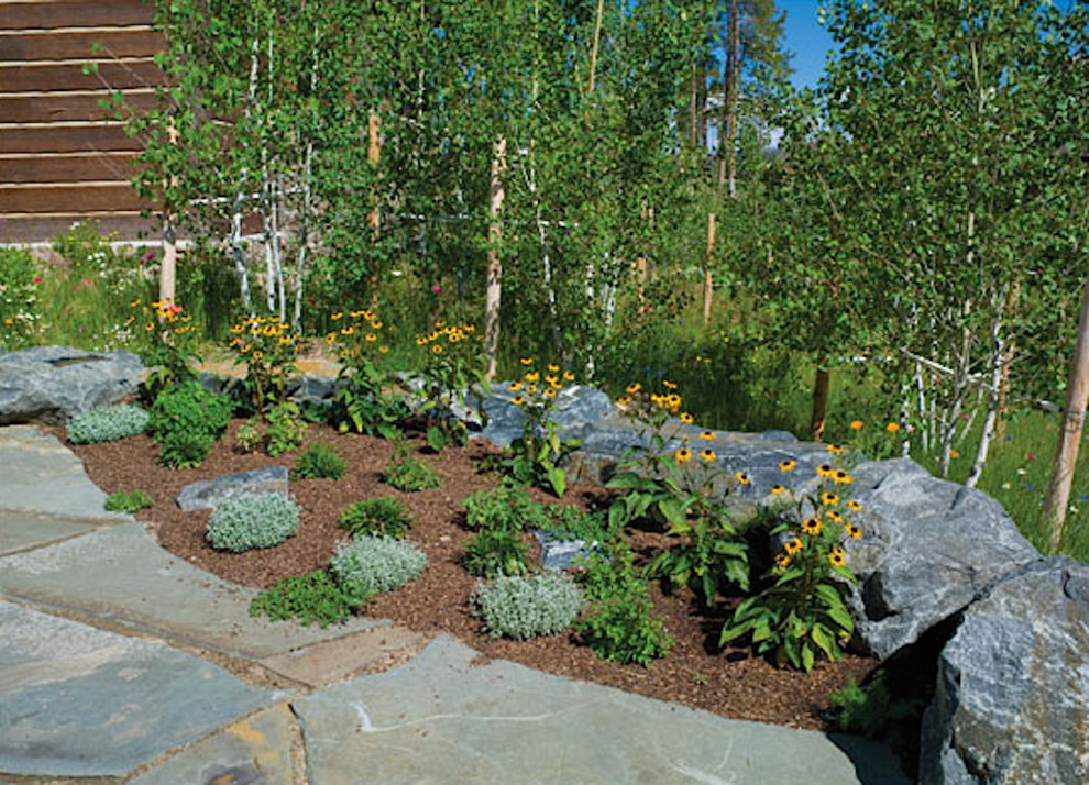 This is an example of a mid-sized rustic full sun backyard stone landscaping in Denver for summer.