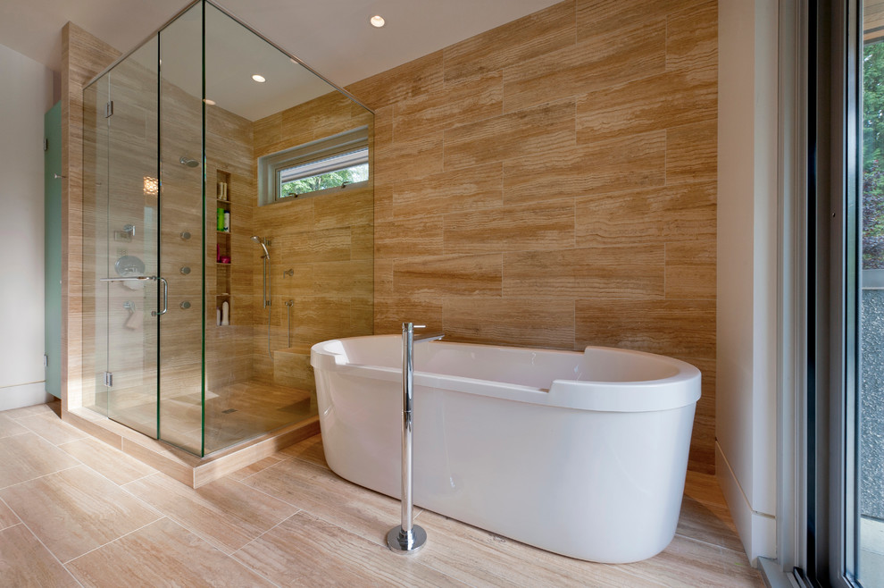Photo of a contemporary bathroom in Vancouver with a freestanding tub.