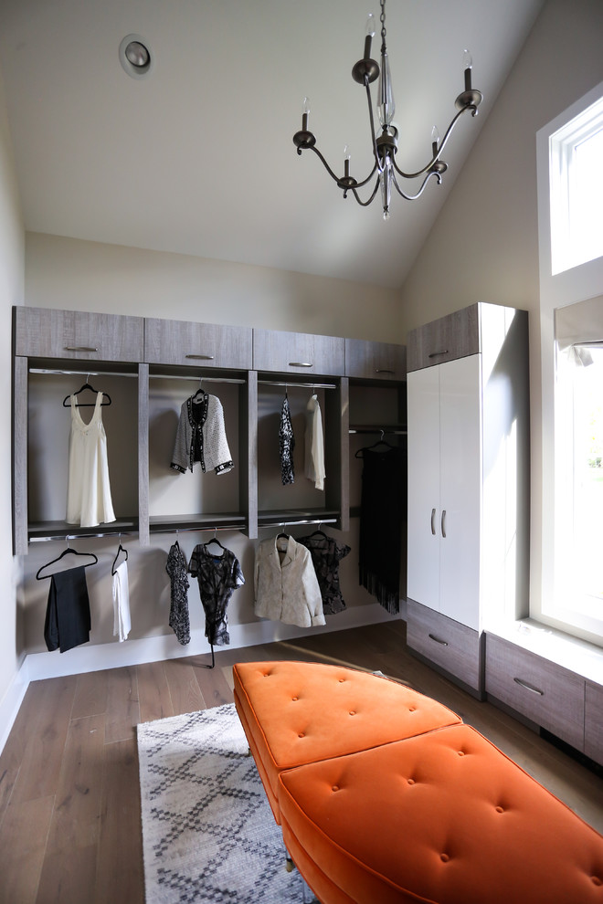 Modern storage and wardrobe in Indianapolis with grey cabinets, light hardwood floors and beige floor.