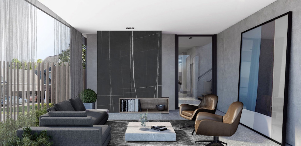 Design ideas for a large contemporary open concept living room in Melbourne with grey walls, a freestanding tv and white floor.