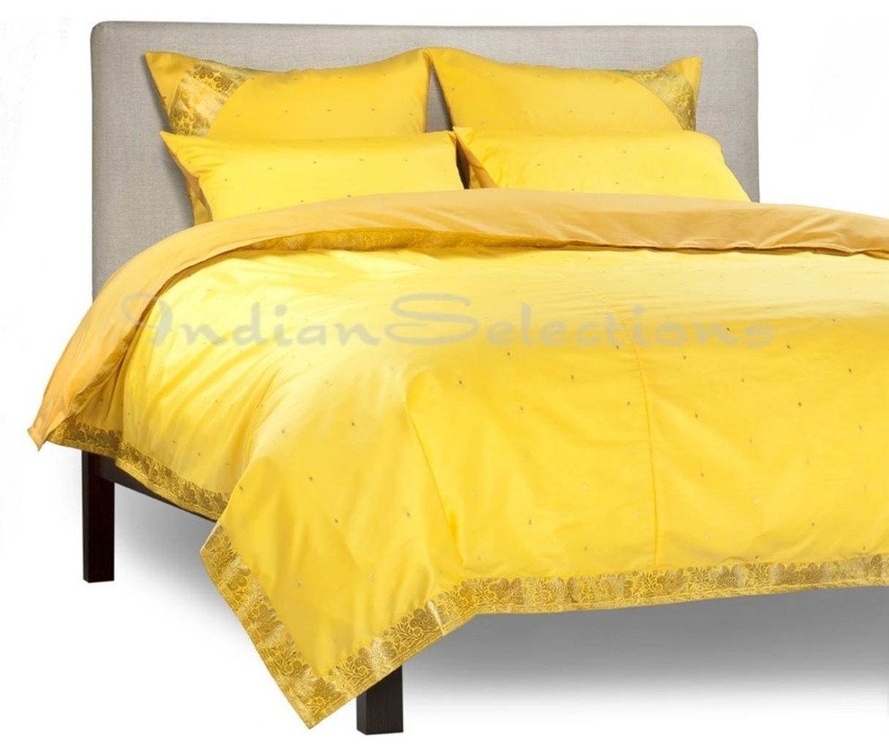 Yellow 5 Piece Handmade Sari Duvet Cover Set with Pillow Covers Euro Sham, King Contemporary