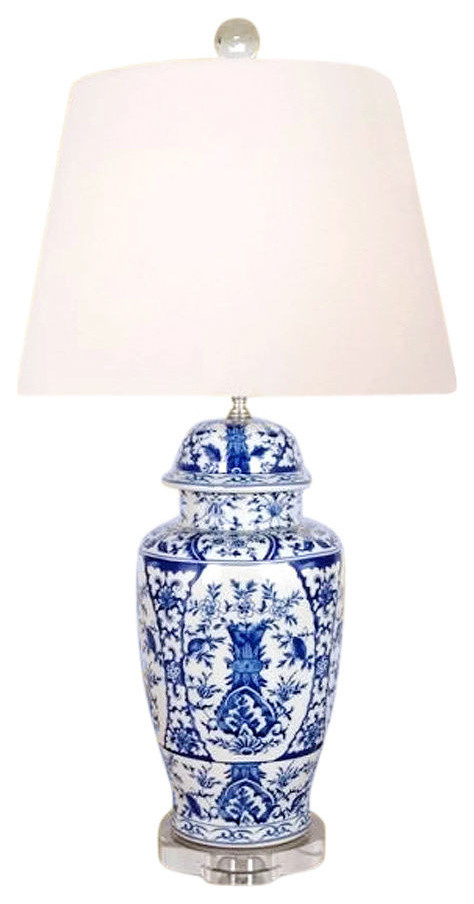 Blue And White Porcelain Temple Jar, Blue And White Porcelain Temple Jar Table Lamp