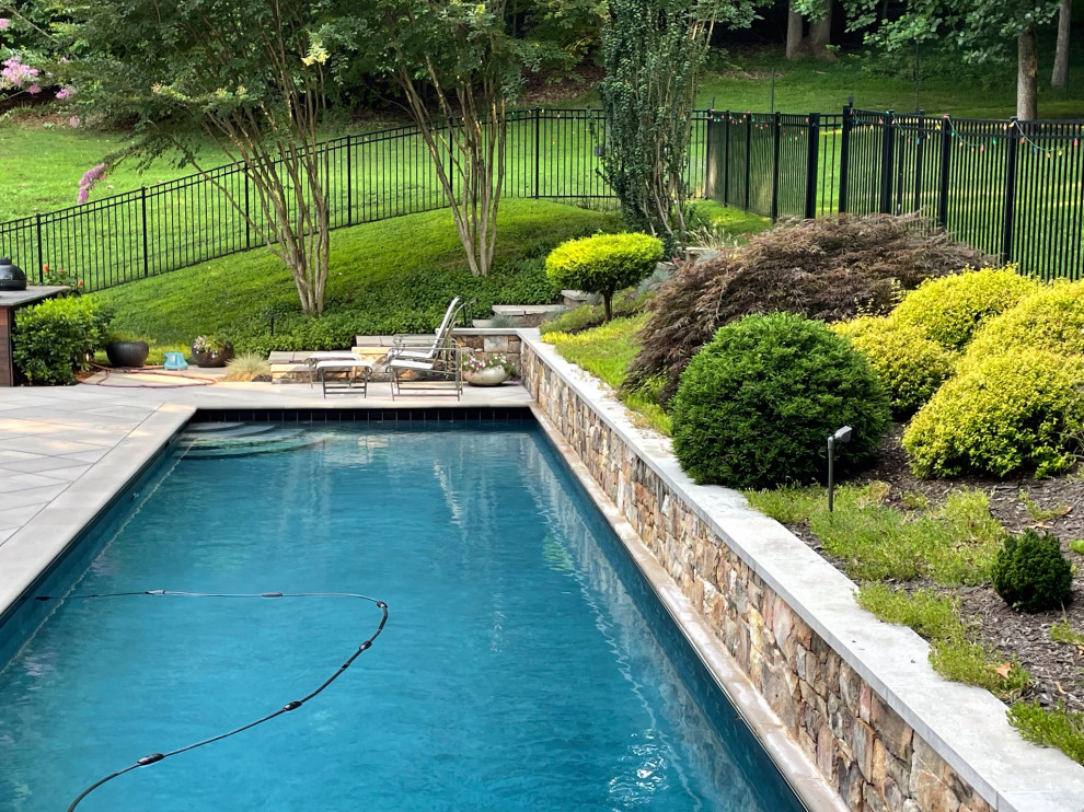 Modelo de piscina alargada moderna grande rectangular en patio trasero con adoquines de piedra natural
