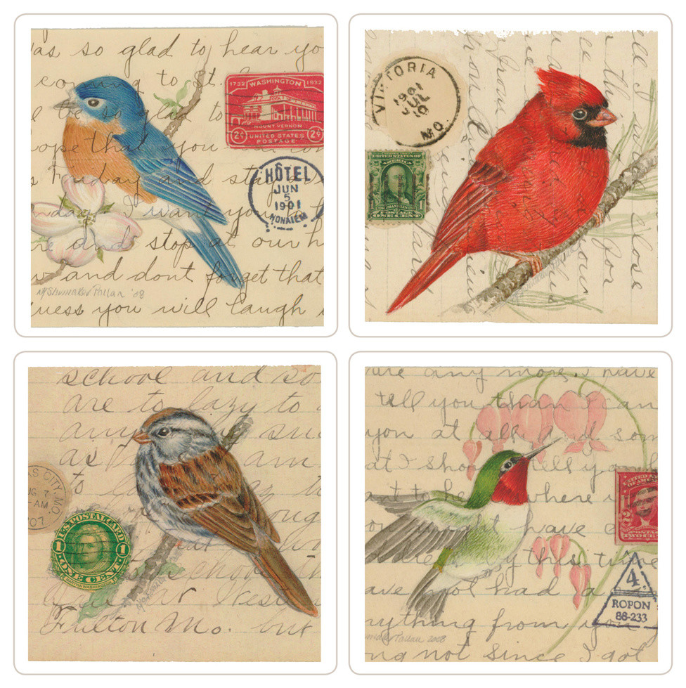 Set of 4 Mixed Birds Square Stone Coaster Set by Carson Home Accents 