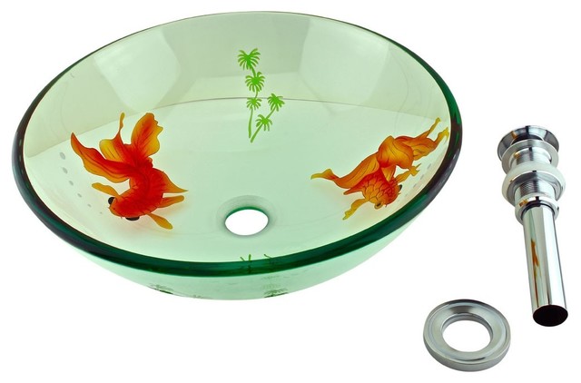 Tempered Glass Vessel Sink Koi Fish With Drain