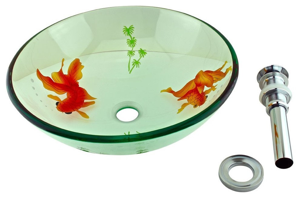 Tempered Glass Vessel Sink Koi Fish with Drain Transitional