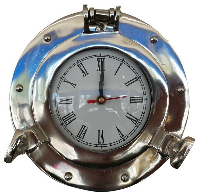 Deluxe Class Porthole Decorative Wall Clock, Chrome, 8" Beach Style