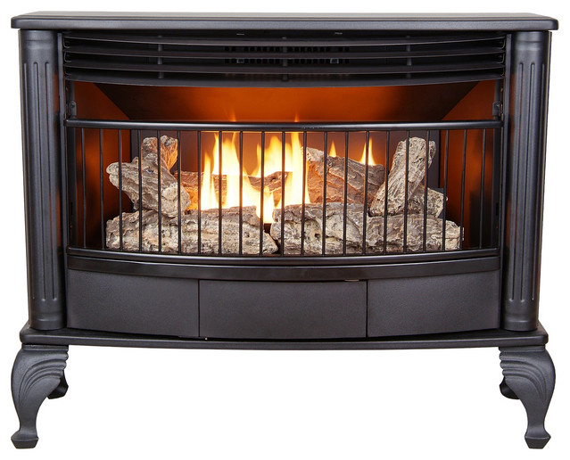 Ventless Dual Fuel Gas Stove, 25,000 BTU, Remote, Black Contemporary Freestanding