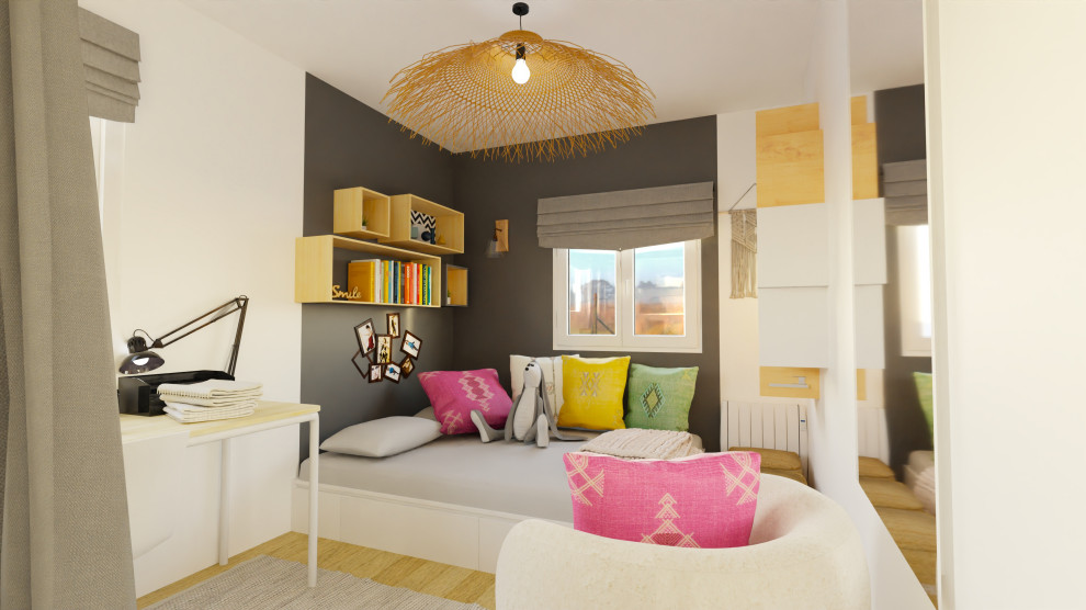 Kleines, Neutrales Nordisches Jugendzimmer mit Schlafplatz, schwarzer Wandfarbe und hellem Holzboden in Toulouse