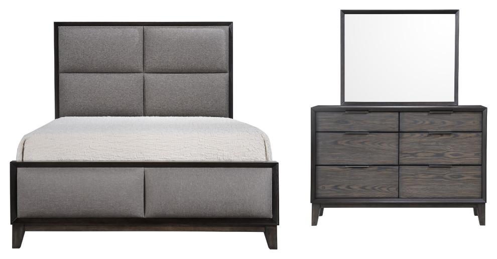 Misael 3 Piece Modern Upholstered Bedroom Set, Queen, Gray Wood