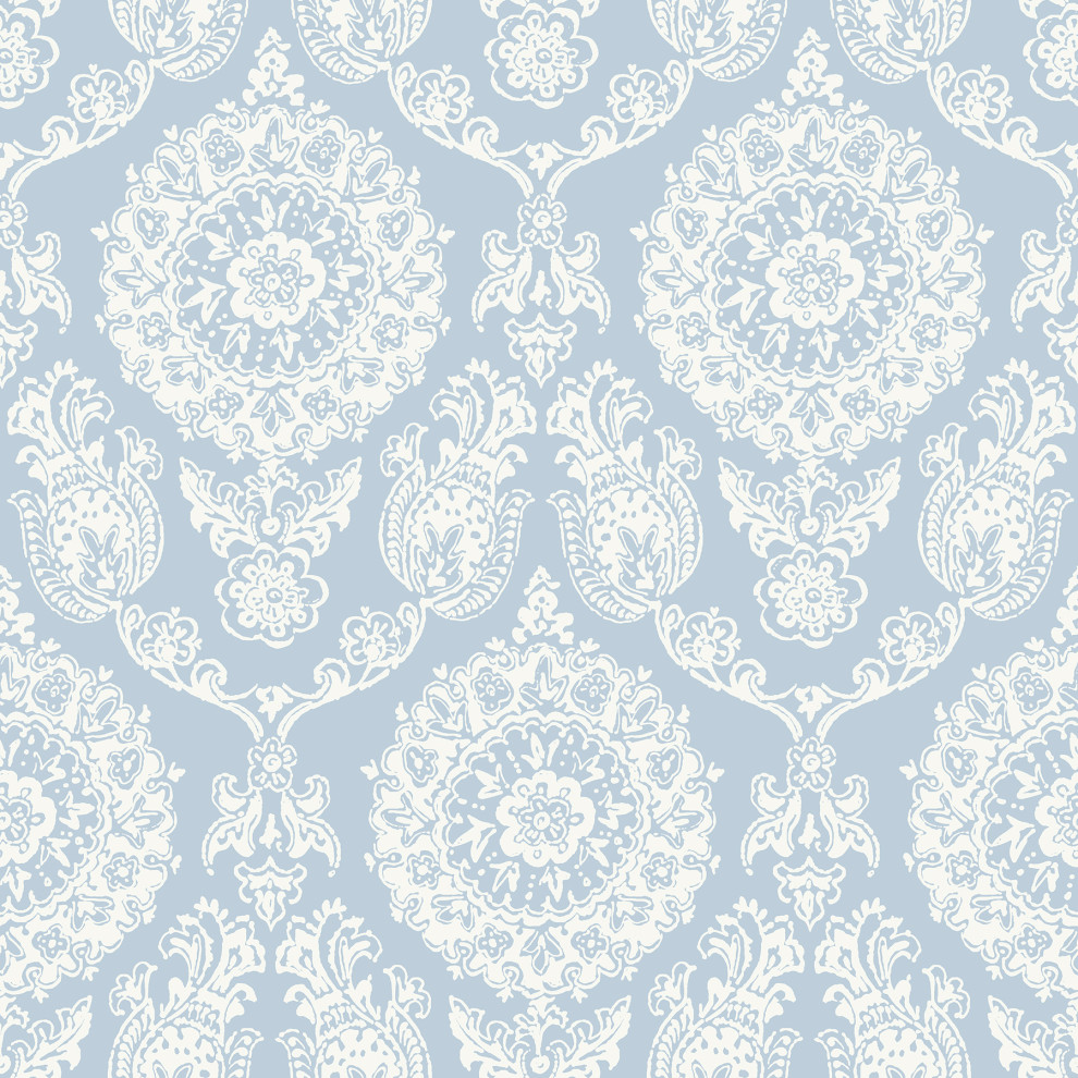 Helm Damask Light Blue Floral Medallion Wallpaper - Traditional